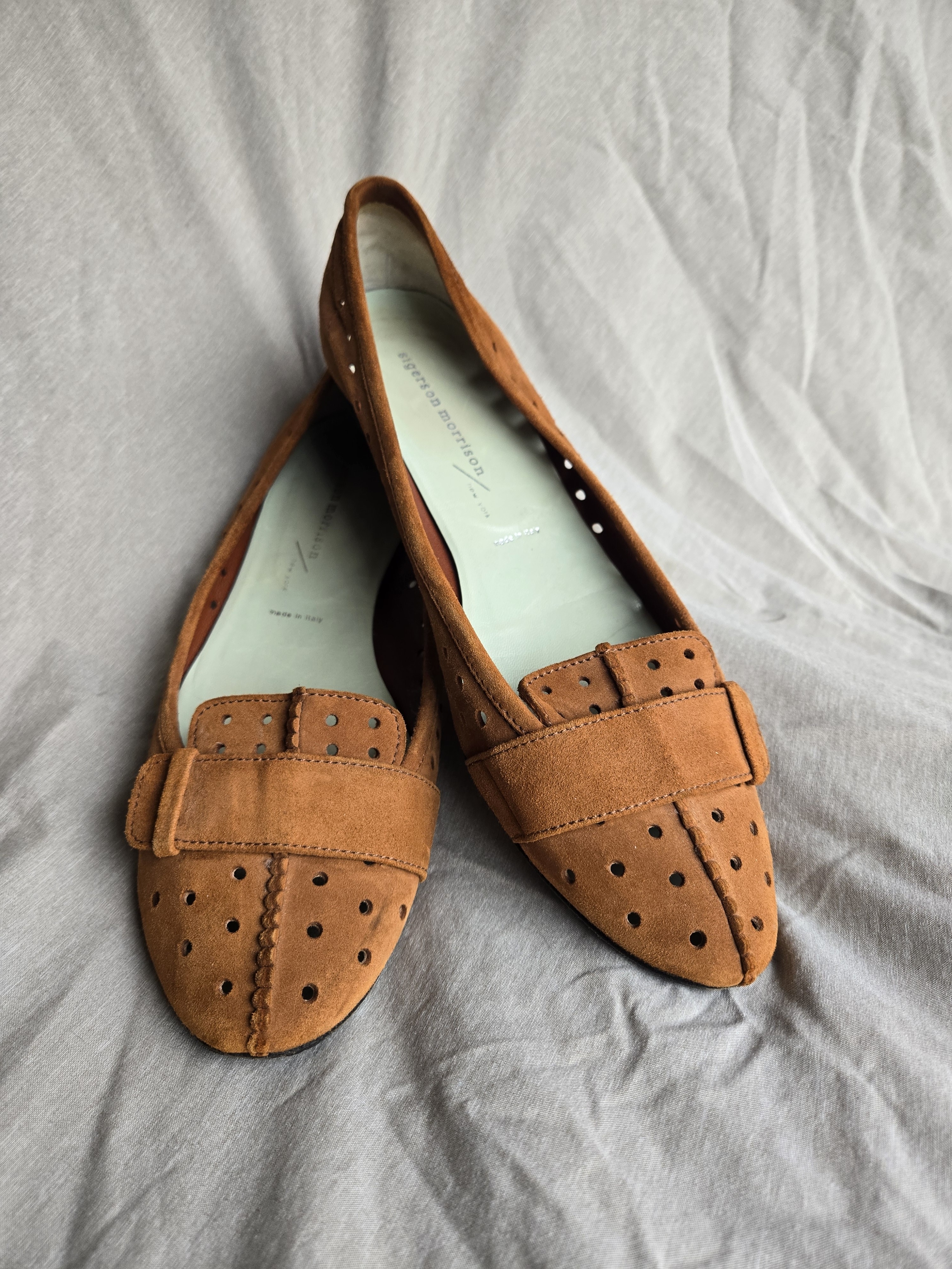 Sigerson Morrison Cognac Suede Perforated Pointed Toe Loafers Size 9.5